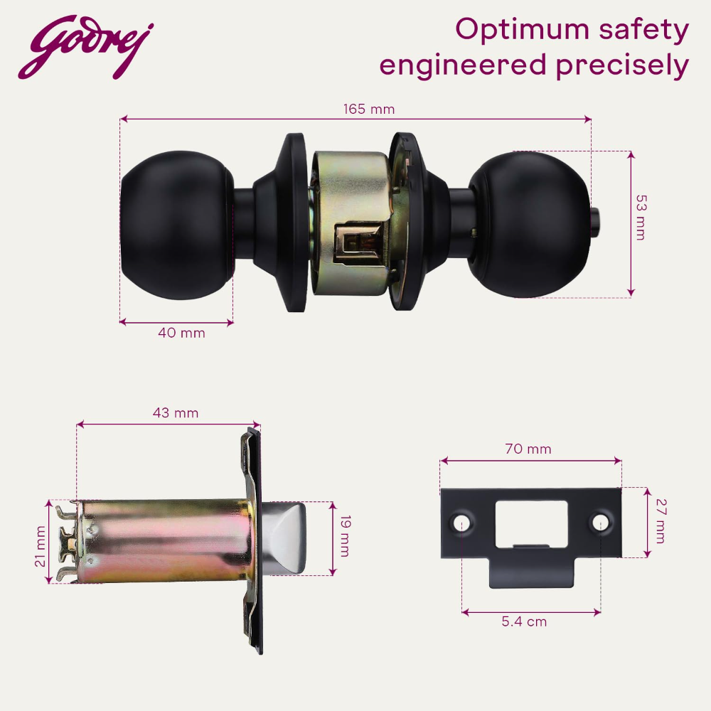 Godrej Cylinder Lock | Single Panel Door Lock | Suitable for Bedroom Doors  and Inter-Connected Doors for Commercial Space | Keyped | Matte Black Finish | Door Thickness 32mm to 45mm | 5 Years Warranty